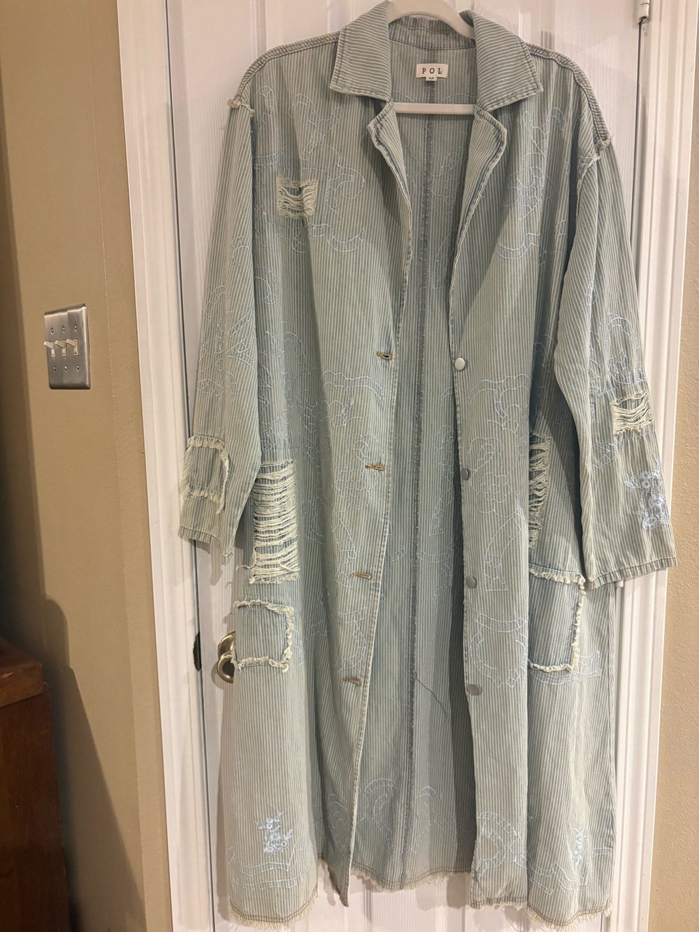 POL Clothing Distressed Pinstripe Duster Coat Boho Grunge Jacket M Art to wear - Picture 2 of 14